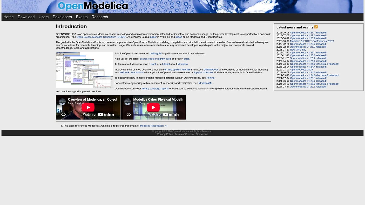 OpenModelica homepage showing open-source Modelica modeling and simulation environment