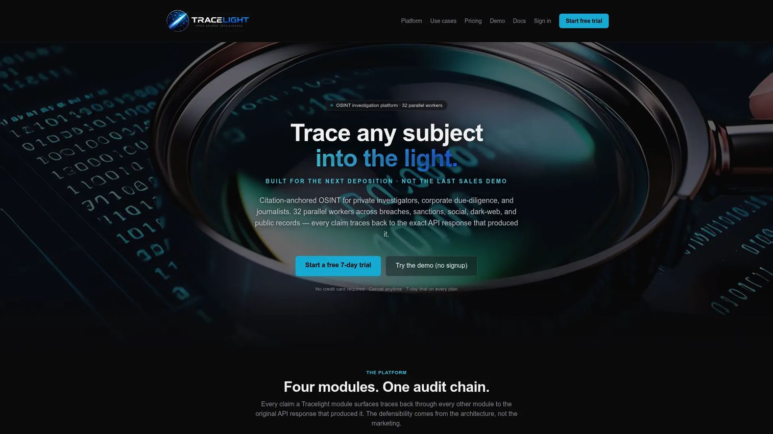 Tracelight homepage showing automated OSINT investigation platform for private investigators and insurance teams