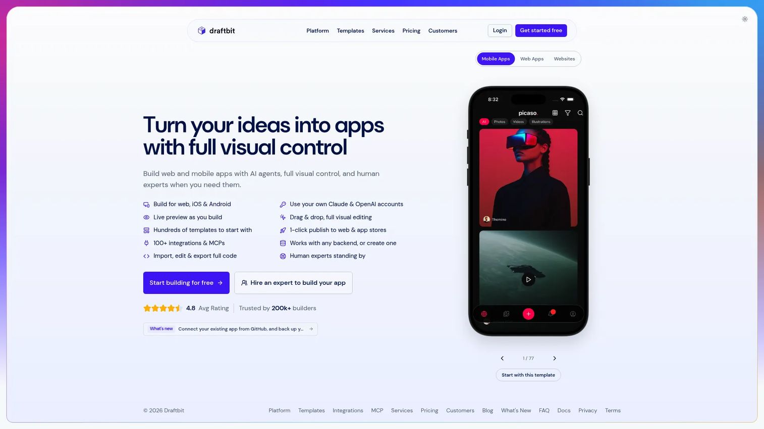 Draftbit browser-based React Native builder showing a mobile app editor with live preview