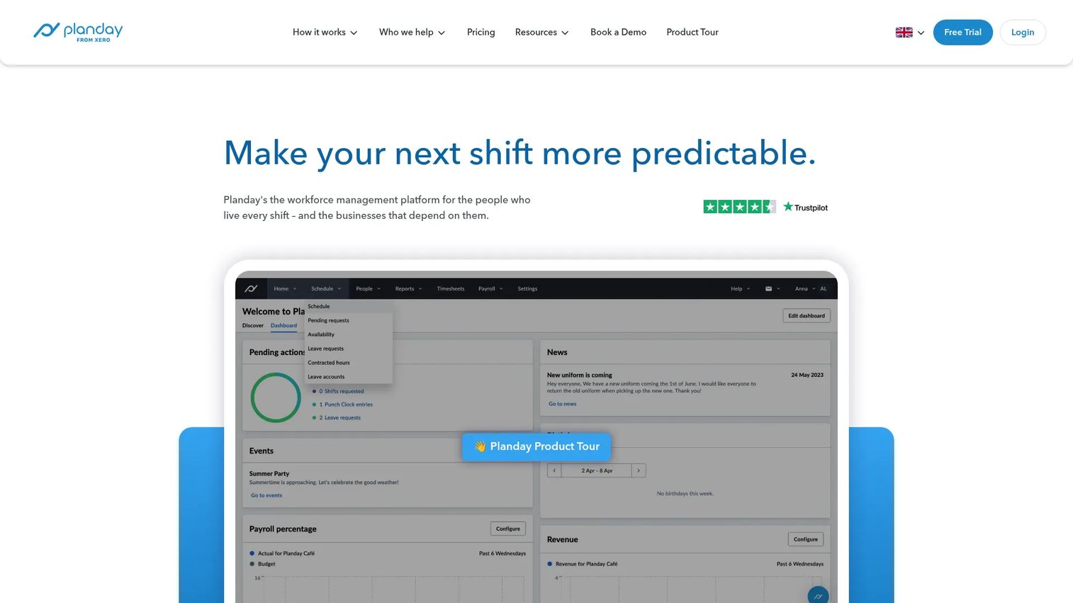 Planday restaurant scheduling software homepage