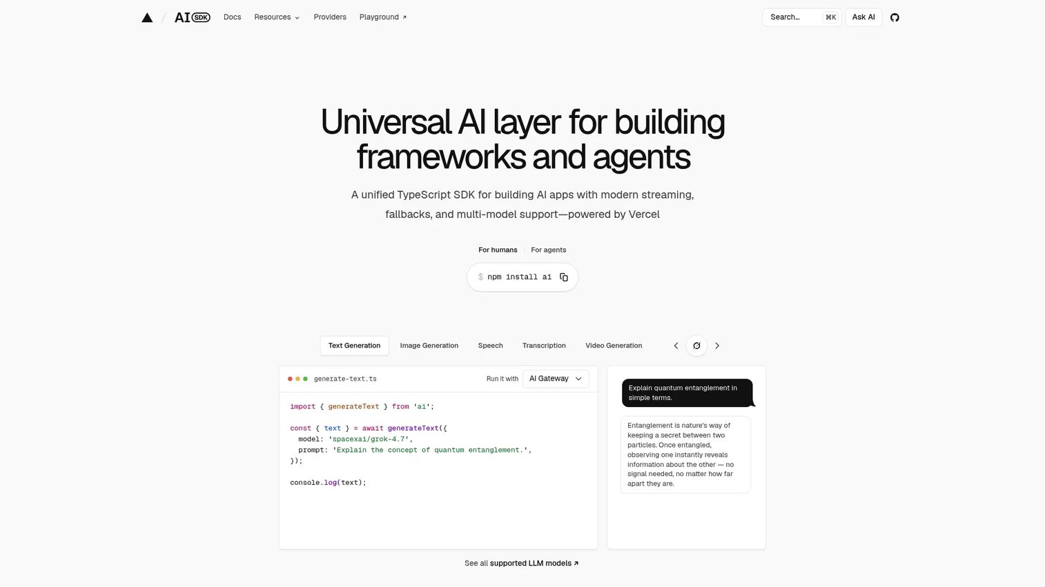Vercel AI SDK interface showing streaming chat and tool calling components