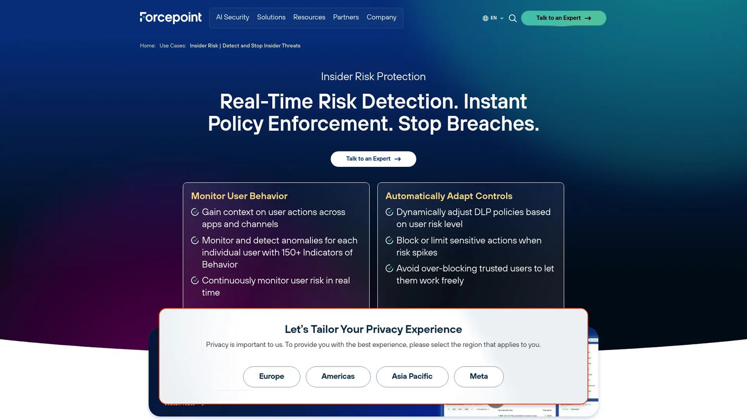 Forcepoint Insider Threat risk and policy dashboard