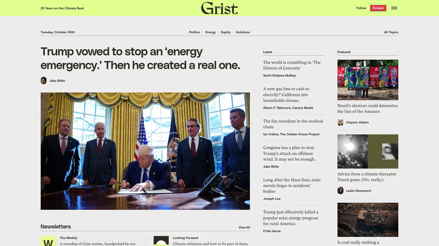 Grist homepage showing climate journalism and environmental solutions reporting