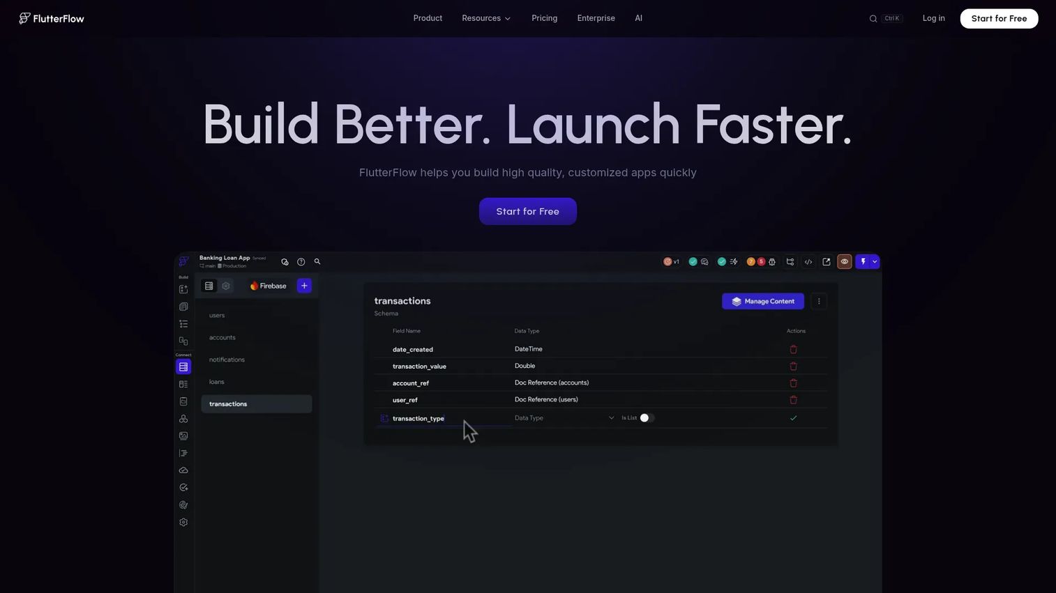FlutterFlow visual app builder interface showing the app editor and component panel