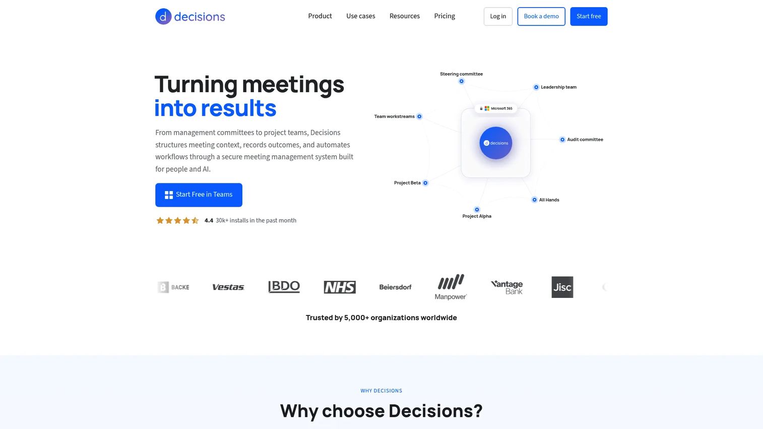 Decisions homepage screenshot showing Microsoft Teams meeting management interface