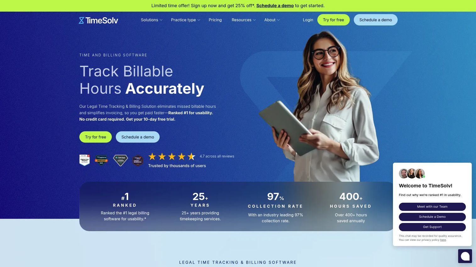 TimeSolv legal time and billing dashboard