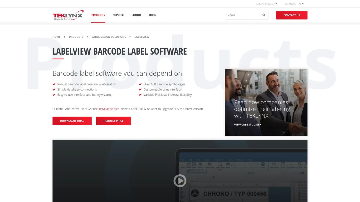 LABELVIEW barcode label design screen with database connected fields