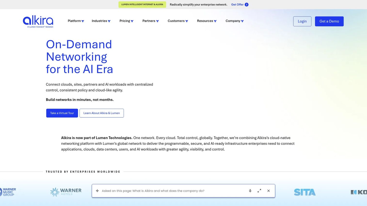 Alkira Network Infrastructure as-a-Service homepage screenshot