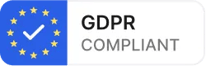 A GDPR compliant badge with a blue circle of stars and a check mark.